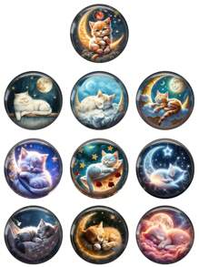 OMGALA 10 件 12 毫米/20 毫米/25 毫米可爱猫咪与月亮彩色绘画 10 件混合圆形照片玻璃凸圆形宝石演示平底制作配件 - Round - 查看 5