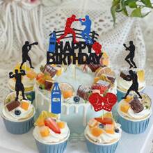 Decoración de pastel de fiesta de cumpleaños con temática de boxeo: decoración superior de pastel con guantes de boxeo, plataforma, bolsa de golpeo y motivos de boxeador infighter - Multicolor - Ver 4