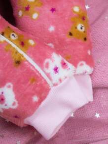 Cartoon Graphic Winter Baby Jumpsuit Fleece Boy Girl Blanket Covered Jumpsuit Baby Zipper Easy Dress Ideal For Cold Days Warm Plush With 100% Cotton Ribbed Knit Collar And Cuffs - 玫紅色 - 查看 6