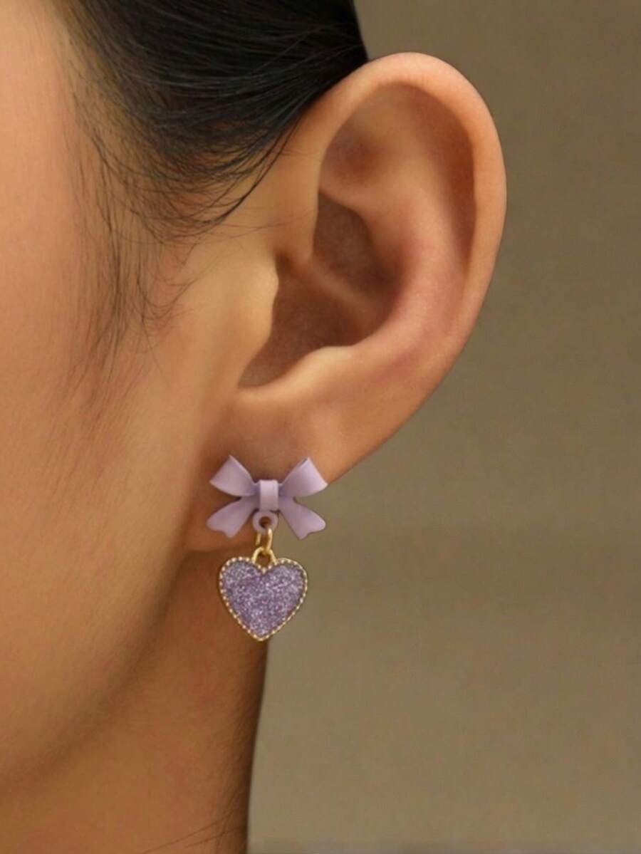 Glitter Detail Heart Drop Earrings - Purple - View 1