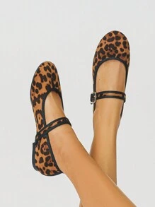 2024年新款豹紋印花女士休閒平底鞋，時尚的單扣設計，舒適防滑，街頭風格瑪麗珍鞋，適合日常通勤和穿著 - 咖啡棕 - 查看 4