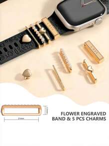 6 In 1 Floral Engraved Band + Decorative Rings Loops Compatible With Apple Watch Band 40mm 41mm 42mm 38mm 44mm 45mm 46mm 49mm, Soft Silicone Sport Flowers Bands With Decorative Compatible With Apple Watch Charms For Series 10 9 8 7 6 5 4 3 2 1 SE For Women