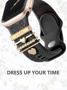 6 In 1 Floral Engraved Band + Decorative Rings Loops Compatible With Apple Watch Band 40mm 41mm 42mm 38mm 44mm 45mm 46mm 49mm, Soft Silicone Sport Flowers Bands With Decorative Compatible With Apple Watch Charms For Series 10 9 8 7 6 5 4 3 2 1 SE For Women