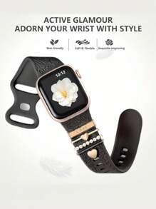 6 In 1 Floral Engraved Band + Decorative Rings Loops Compatible With Apple Watch Band 40mm 41mm 42mm 38mm 44mm 45mm 46mm 49mm, Soft Silicone Sport Flowers Bands With Decorative Compatible With Apple Watch Charms For Series 10 9 8 7 6 5 4 3 2 1 SE For Women