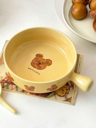 1 pieza Tazón con asa individual de oso enojado de caricatura, de 6 pulgadas/610ml, tazón de sopa de cerámica individual y adorable, para uso doméstico, juego de vajilla esmaltada, individual, caja de regalo para un regalo de Navidad personal, útiles escolares