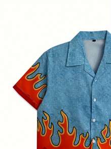 4-Way Stretch 3D Printed Shirt, Blue & Red Flame Design, Casual For Men - 彩色 - 查看 3