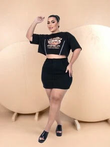 Plus Size Jeans Skirt Frayed Hem High Waist Basic Black - 黑色 - 查看 2