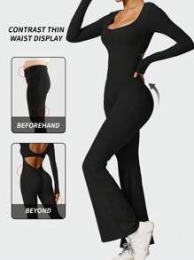 Yefecy 女式运动喇叭裤，高弹力运动长袖连体裤，性感露背健身紧身臀部瑜伽连体裤 V 型后背 - 黑色 - 查看 5