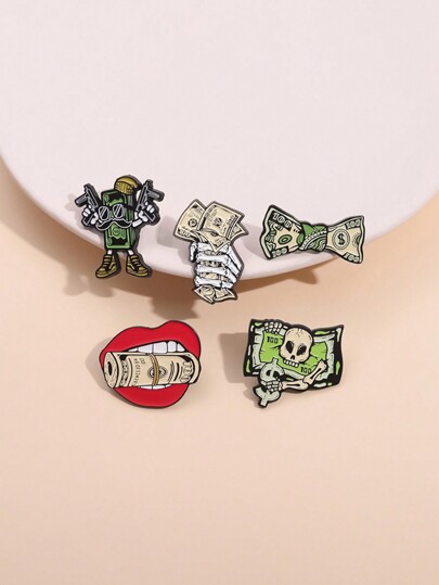5pcs Creative Funny Skull & Dollar Sign Design Brooch Pins, Cartoon Badge Decor For Clothes, Bags, Fashion Jewelry For Men & Women