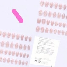 24入組山茶花假指甲法式珍珠蝴蝶設計假甲貼片，甜美風格女孩女性自貼式指甲貼片批發美甲用品 - 粉色 - 查看 6