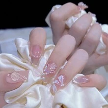 24入組山茶花假指甲法式珍珠蝴蝶設計假甲貼片，甜美風格女孩女性自貼式指甲貼片批發美甲用品 - 粉色 - 查看 1