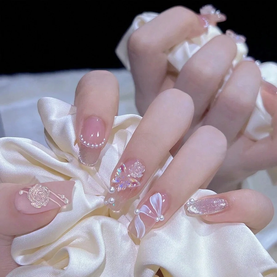 24入組山茶花假指甲法式珍珠蝴蝶設計假甲貼片，甜美風格女孩女性自貼式指甲貼片批發美甲用品 - 粉色 - 查看 1