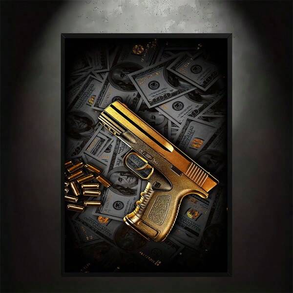 1pc/Set Gun And Money Motive Canvas Wall Art | Motivational Handgun And Dollar Inspirational Poster | Frameless Decorative Canvas Print For Living Room And Bedroom , Without Frame