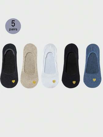 5/10/20 par osynliga strumpor med guldfärgat hjärtmönster för kvinnor, mångsidiga vita och svarta fotledsstrumpor, andningsbara och halkfria, avslappnade och bekväma för vardagsbruk (ingen papperskartong)