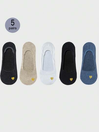 5/10/20 Pairs Women's Invisible No Show Socks With Gold Heart Pattern, Versatile White And Black Ankle Socks, Breathable And Non-Slip, Casual And Comfortable For Daily Wear (No Paper Card)