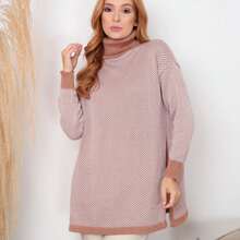 Women's Checkered High Neck Knitting Poncho - 米色 - 查看 1