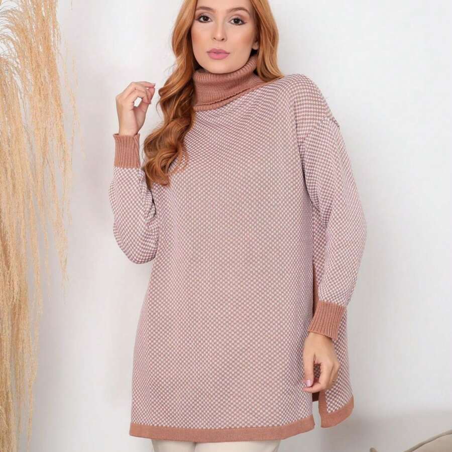 Women's Checkered High Neck Knitting Poncho - 米色 - 查看 1