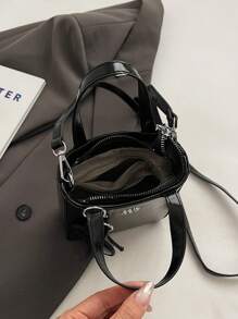 1 件女式纯色 PU 手提包，带拉链开合，适合约会和送礼 - 黑色 - 查看 5