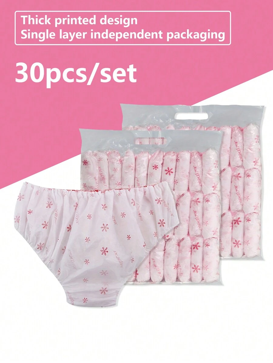 30 peças/conjunto de cuecas descartáveis para viagem pós-parto, cuecas descartáveis não tecidas, itens descartáveis para viagem, itens essenciais para hotéis, itens essenciais para atividades ao ar livre, itens para quarto, acessórios para viagem de praia, mini períodos, itens descartáveis para banheiro