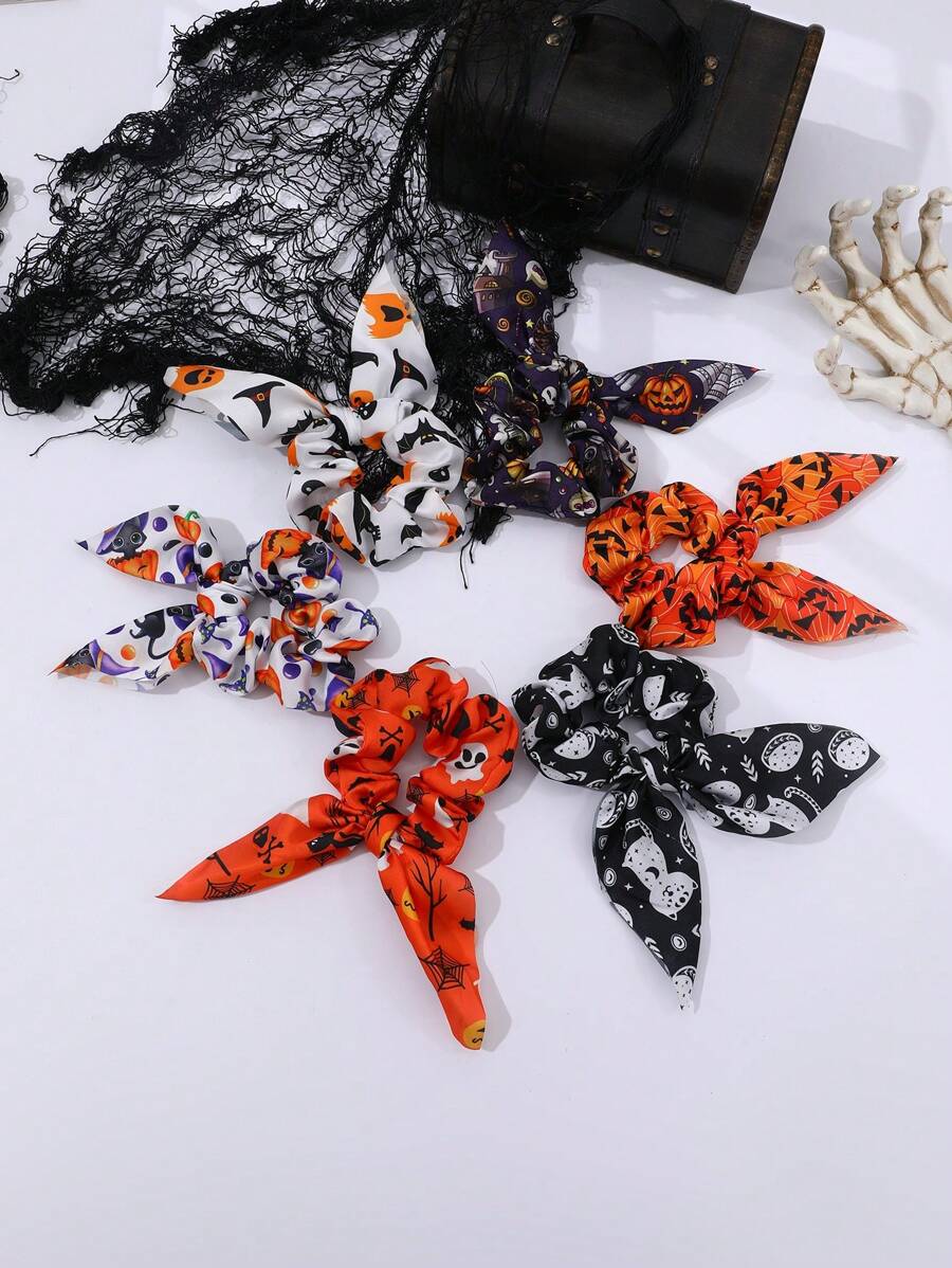 6 件套女士万圣节骷髅、南瓜、幽灵、蜘蛛印花发圈，非常适合节日礼物、万圣节发饰