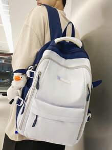 1 件蓝白尼龙休闲学院风大容量可折叠防水多口袋拉链背包（无配件），适合青少年、初中/高中、大学生、日常、通勤、购物、旅行、返校和毕业礼物 - 藍白色 - 查看 7