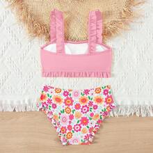 2024 New Tween Girls' Floral Print Ruffle Trim Cute Bikini Set Summer Beach - Pink - View 2