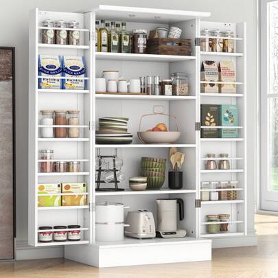 47" Kitchen Pantry Cabinet With Doors And Adjustable Shelves, White Freestanding Kitchen Pantry Storage Cabinet, Modern Sideboard Cupboard For Kitchen, Living Room And Dinning Room