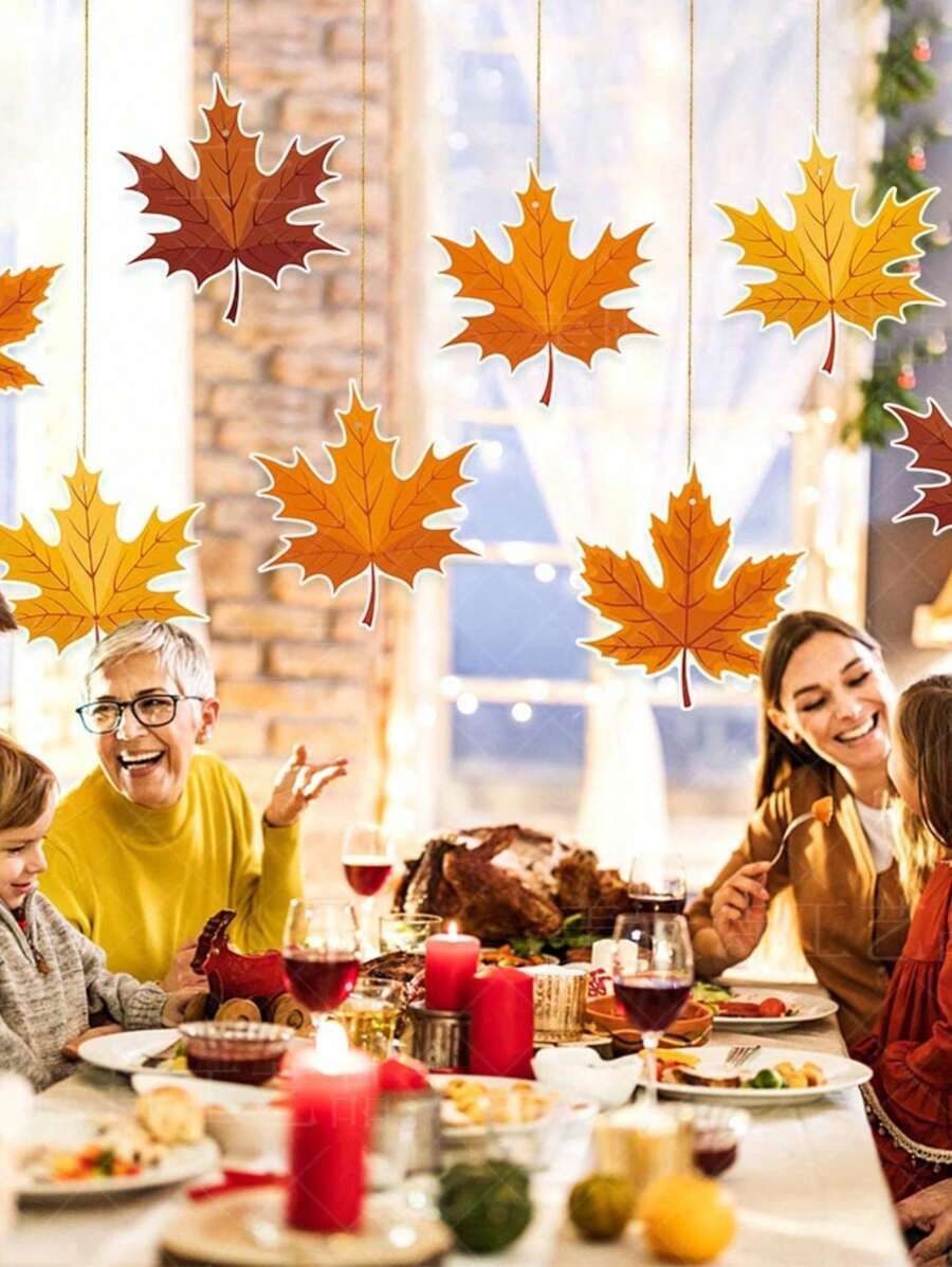 8 Peças Decoração de Festa de Aniversário de Outono, Folhas de Bordo Penduradas, Decoração de Ação de Graças de Outono, Enfeites Pendurados de Folhas de Bordo - Laranja - Visão 1