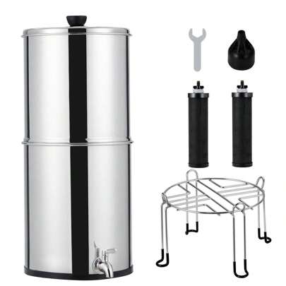 2.25G Gravity-Fed Water Filter System, 304 Stainless Steel Countertop Filtration System, With 2 Black Carbon Filters & Metal Spigot & Stand For Home, Camping, RVing, Off-Grid