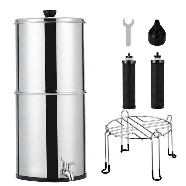 2.25G Gravity-Fed Water Filter System, 304 Stainless Steel Countertop Filtration System, With 2 Black Carbon Filters & Metal Spigot & Stand For Home, Camping, RVing, Off-Grid