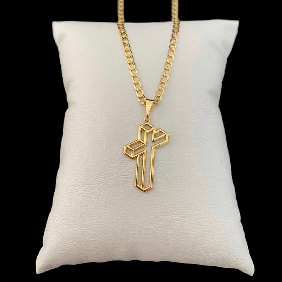 Grumet Cord Chain + 3D Cross Pendant 18k Gold Plated - 金色 - 查看 1