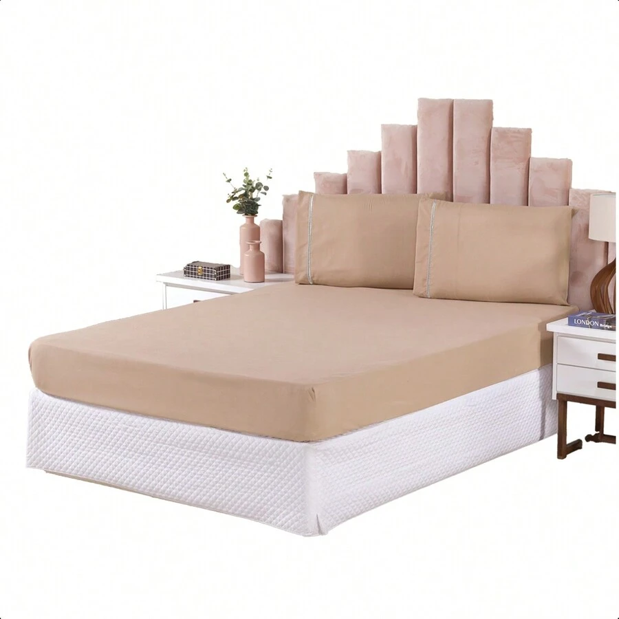 Bedding Set 3 Pieces King Double Sheet Pillowcase Toothpick Stitch - 米色 - 查看 1