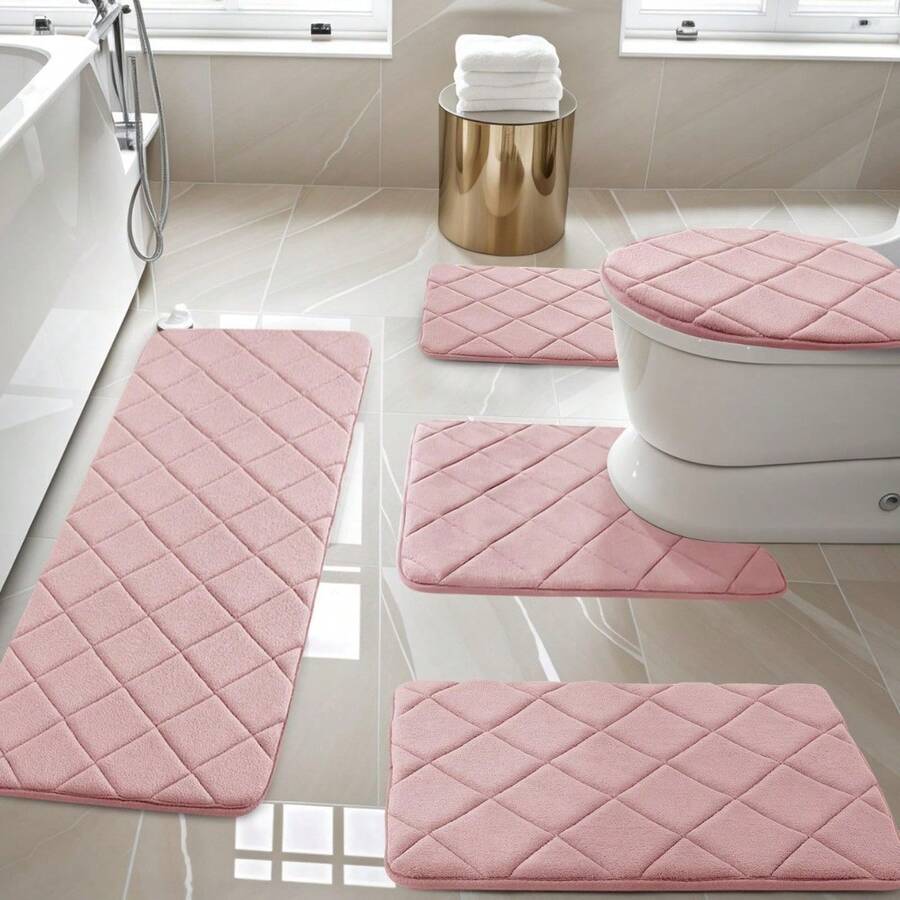 Pink Bathroom Rugs Set 5 Piece, Soft Non Slip Memory Foam Bath Mat, Machine Wash Bathroom Mat Set, Water Absorbent Bath Mats For Toilet And Floor (Pink) - 粉色 - 查看 1