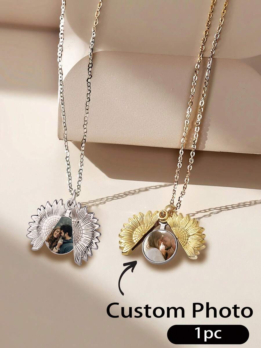 1Pc Personalized Heart Locket Necklace With Pictures,Sunflower/Angel Wings/Heart Shaped Lockets Custom Photo,Gold/Rose Gold/White Lockets That Holds Picture,Customized Memorial Jewelry For Women Locket Necklace That Holds Pictures-Photo Pendant Custom Jewellery Gifts For Men Women You Are My Sunshine Necklace Inspirational Sunflower Locket Necklace Jewelry Mother's Day Gift For Women Girlfriend Valentines