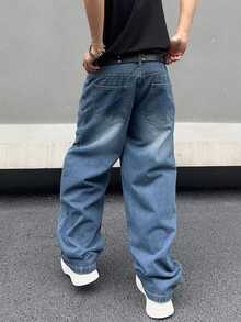 1pc Asymmetric Buckle Closure Vintage American Style Men's Baggy Jeans - Blue - View 5