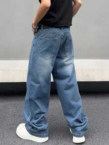 1pc Asymmetric Buckle Closure Vintage American Style Men's Baggy Jeans - Blue - View 3