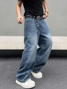 1pc Asymmetric Buckle Closure Vintage American Style Men's Baggy Jeans - Blue - View 9
