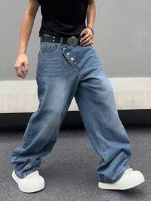 1pc Asymmetric Buckle Closure Vintage American Style Men's Baggy Jeans - Blue - View 1