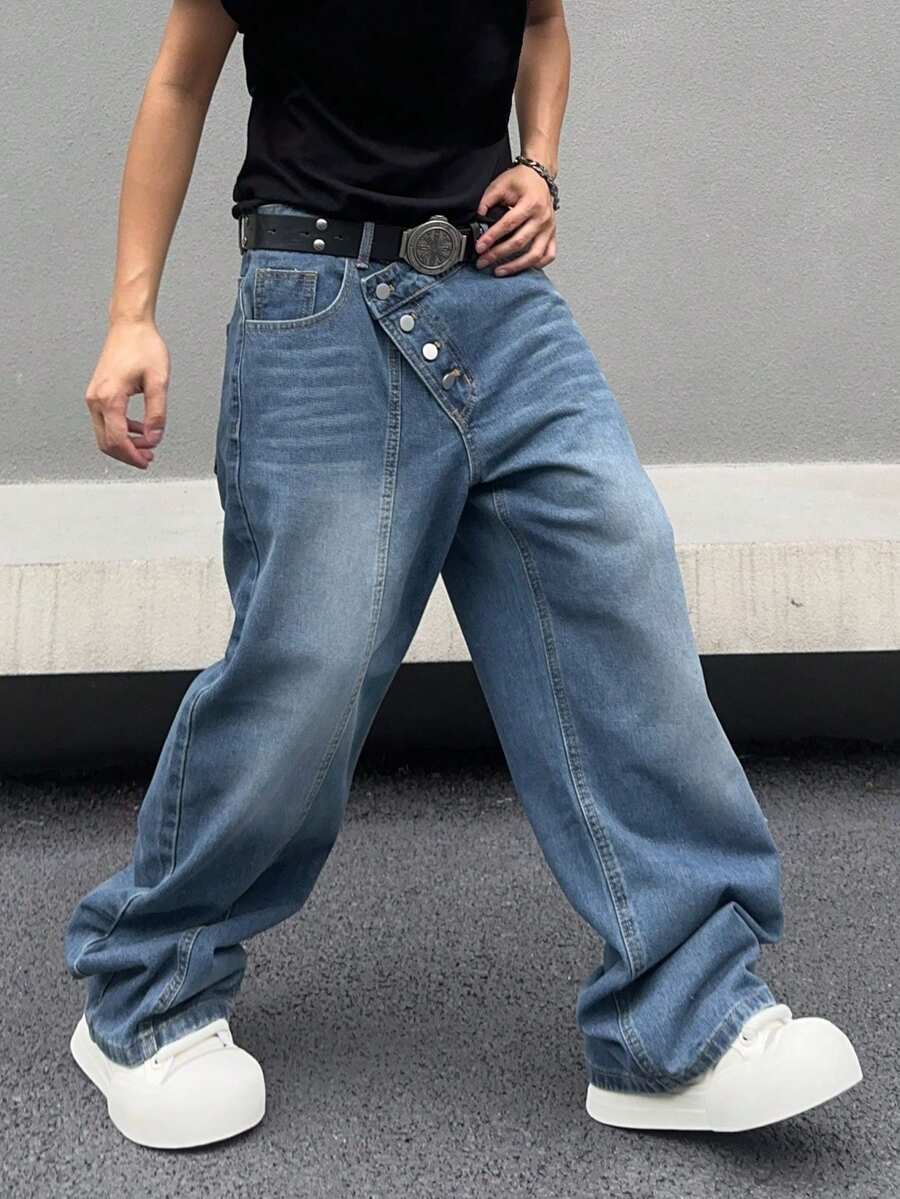 1pc Asymmetric Buckle Closure Vintage American Style Men's Baggy Jeans - Blue - View 1
