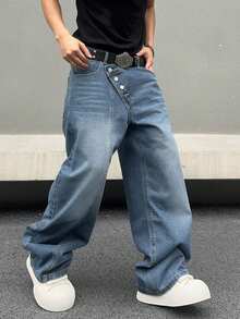 1pc Asymmetric Buckle Closure Vintage American Style Men's Baggy Jeans - Blue - View 10