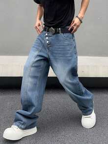 1pc Asymmetric Buckle Closure Vintage American Style Men's Baggy Jeans - Blue - View 7