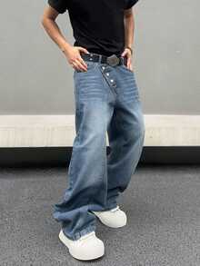 1pc Asymmetric Buckle Closure Vintage American Style Men's Baggy Jeans - Blue - View 8