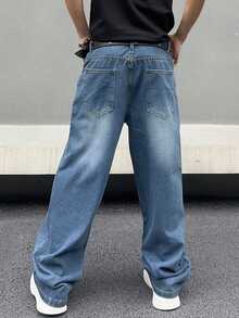 1pc Asymmetric Buckle Closure Vintage American Style Men's Baggy Jeans - Blue - View 6