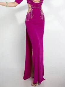 Costume de danse du ventre pour femmes, tenue personnalisée avec pierres AB de haute qualité, robe à franges pour danse orientale, vêtement de performance professionnelle - Rose vif - Voir 5