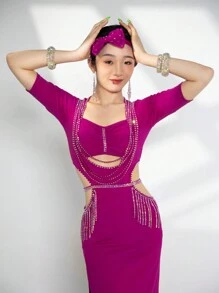 Costume de danse du ventre pour femmes, tenue personnalisée avec pierres AB de haute qualité, robe à franges pour danse orientale, vêtement de performance professionnelle - Rose vif - Voir 3