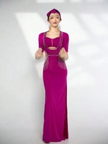 Costume de danse du ventre pour femmes, tenue personnalisée avec pierres AB de haute qualité, robe à franges pour danse orientale, vêtement de performance professionnelle - Rose vif - Voir 1