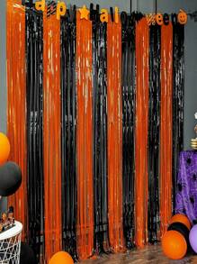 1pc Halloween Black & Orange Beaded Curtain Decoration, 1*2m Backdrop Curtain For Birthday Party, Door Decor