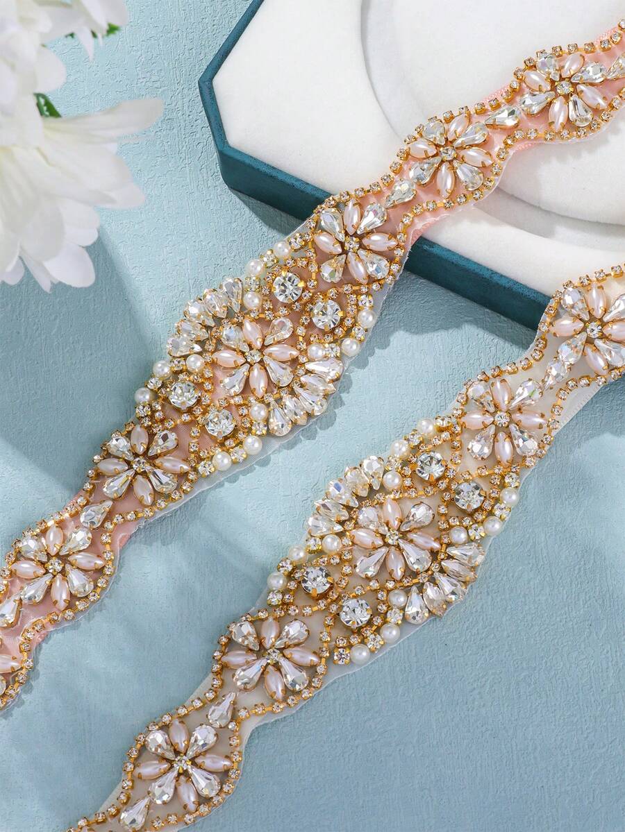 1pc Women's Bridal Rhinestone Embellished Waist Belt, Matching Crystal Diamond Gown And Wedding Dress - Gold - View 1