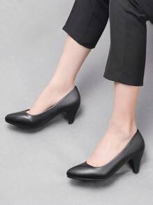 Women's Simple Formal 5cm Mid-Heel Rubber Sole Comfortable Slip-On Dress Shoes, Suitable For Job Interviews & Professional Occasions - Black - View 8