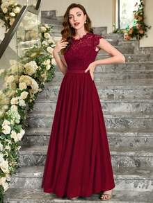 MIUSOL Floral Lace Short Sleeve Chiffon Satin Waist Formal Party Maxi Dress, Elegant Women's Party Gown, Ball Gown, Wedding Guest Dress, Graduation Ceremony Dress, Evening Gown - Burgundy - View 4